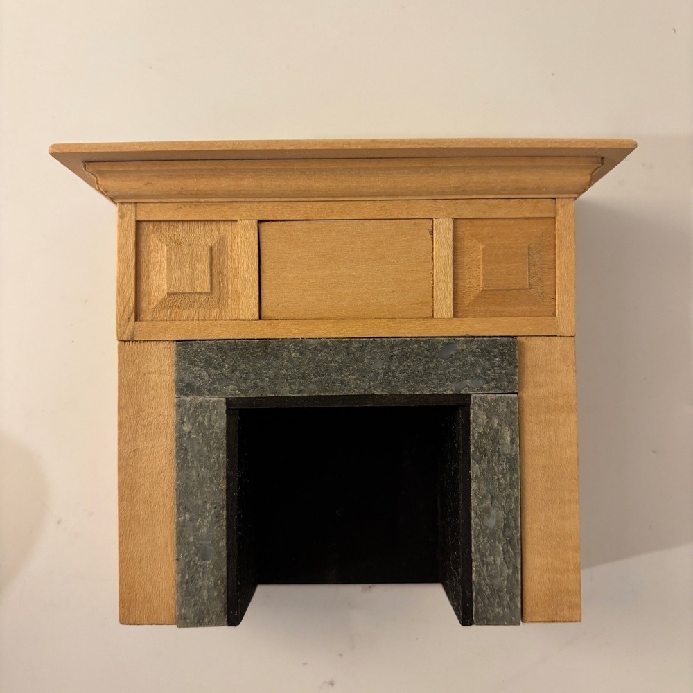 VTG Dollhouse Miniature Wood Fireplace Mantel Faux Green Marble Hearth 1:12